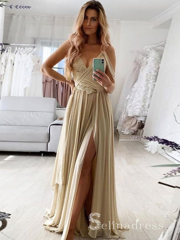 Chic A-line Spaghetti Straps Chiffon Long Prom Dresses Lace Evening Dress CBD231|Selinadress
