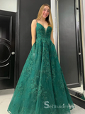 Chic A-line Spaghetti Straps Dark Green Long Prom Dresses Lace Evening Dresses MLH1238|Selinadress