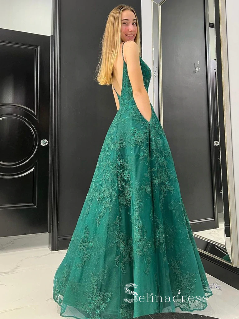 Chic A-line Spaghetti Straps Dark Green Long Prom Dresses Lace Evening SELINADRESS Chic A-line Spaghetti Straps Dark Green Long Prom Dresses Lace Evening SELINADRESS