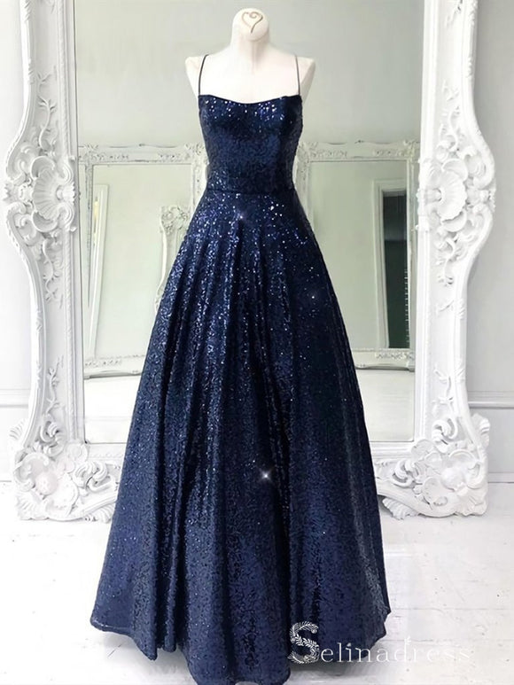 Chic A-line Spaghetti Straps Dark Navy Long Prom Dresses Sequins Evening Dress CBD221