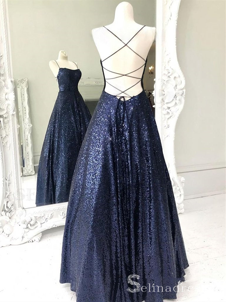 Chic A-line Spaghetti Straps Dark Navy Long Prom Dresses Sequins Eveni SELINADRESS Chic A-line Spaghetti Straps Dark Navy Long Prom Dresses Sequins Eveni SELINADRESS