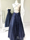 Chic A-line Spaghetti Straps Dark Navy Long Prom Dresses Sequins Evening Dress CBD221