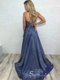 Chic A-line Spaghetti Straps Deep V neck Long Prom Dresses Sparkly Evening Dress CBD223|Selinadress