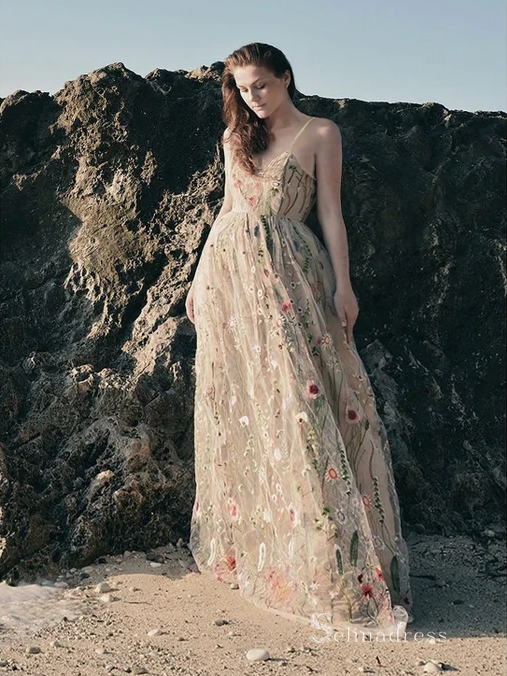 Chic A-line Spaghetti Straps Embroidery Long Prom Dress Beautiful Boho Formal Gowns MLH0472 Chic A-line Spaghetti Straps Embroidery Long Prom Dress Beautiful Boho Formal Gowns MLH0472