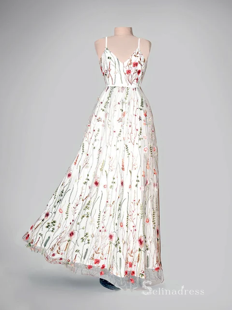 Chic A-line Spaghetti Straps Embroidery Long Prom Dress Beautiful Boho SELINADRESS Chic A-line Spaghetti Straps Embroidery Long Prom Dress Beautiful Boho SELINADRESS