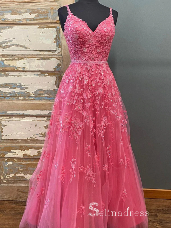 Chic A-line Spaghetti Straps Fuchsia Applique Long Prom Dresses Evening Dresses MLH1221|Selinadress