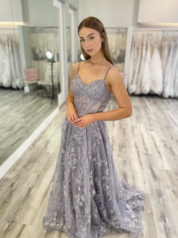 Chic A-line Spaghetti Straps Gray Lace Embroidery Long Prom Dresses Ev SELINADRESS Chic A-line Spaghetti Straps Gray Lace Embroidery Long Prom Dresses Ev SELINADRESS