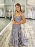 Chic A-line Spaghetti Straps Gray Lace Embroidery Long Prom Dresses Evening Gowns MSK011