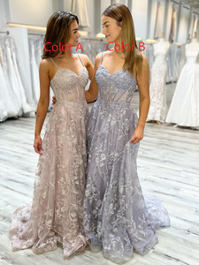 Chic A-line Spaghetti Straps Gray Lace Embroidery Long Prom Dresses Evening Gowns MSK011