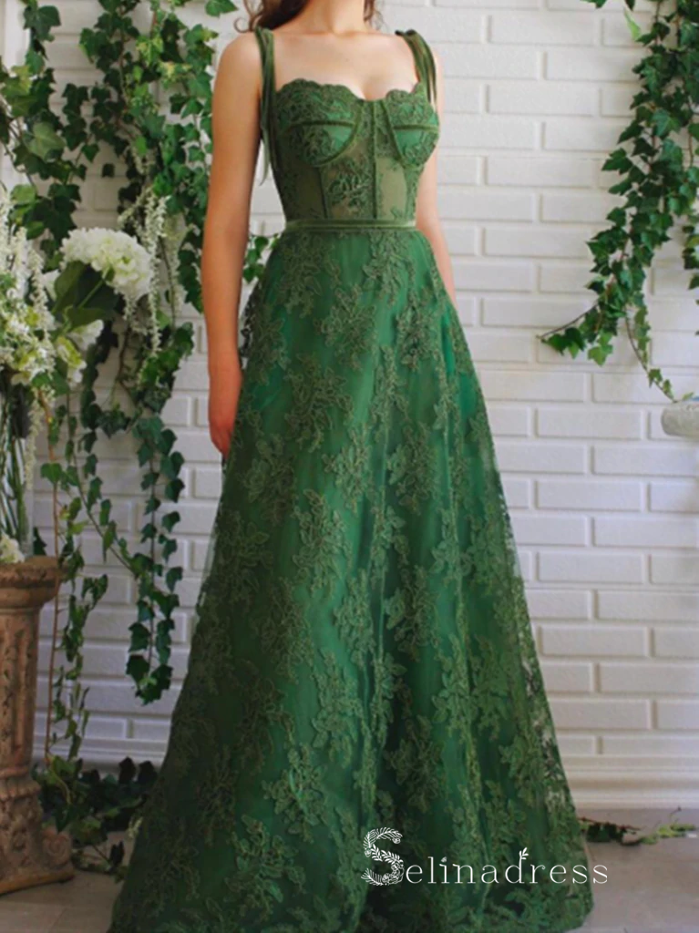 Chic A-line Spaghetti Straps Green Lace Long Prom Dresses Beautiful Ev SELINADRESS Chic A-line Spaghetti Straps Green Lace Long Prom Dresses Beautiful Ev SELINADRESS