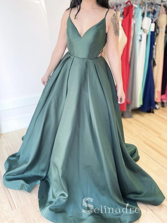 Chic A-line Spaghetti Straps Green Long Prom Dresses Satin Evening Dress CBD220|Selinadress