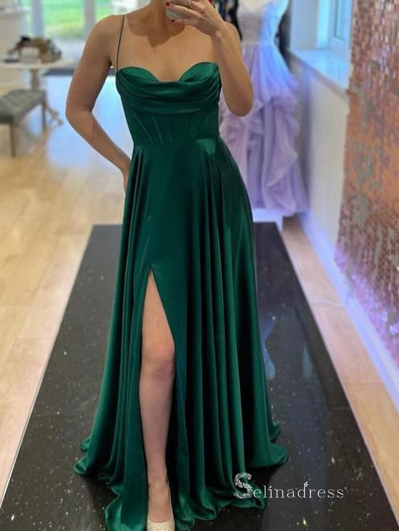 Chic A-line Spaghetti Straps Green Long Prom Dresses Simple Evening Dress MLK027|Selinadress