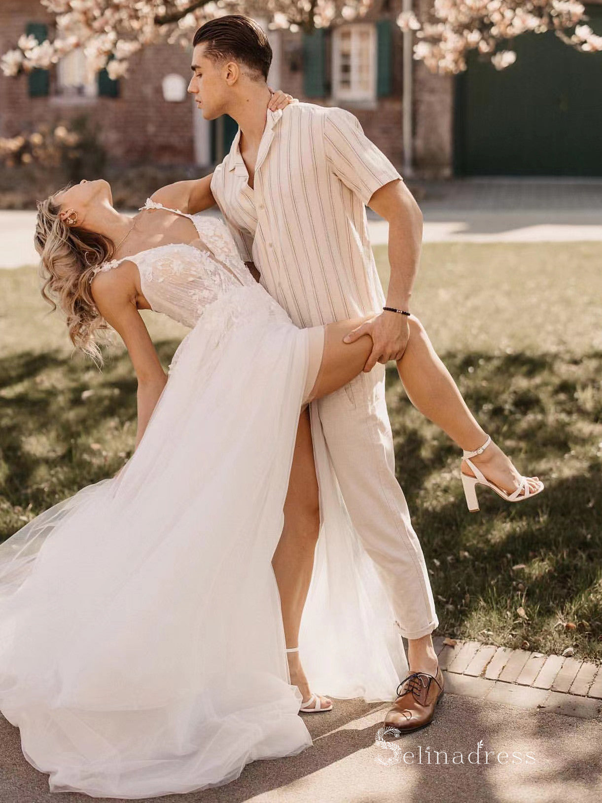 a line spaghetti strap wedding dress Floor-length A-line Queen vibes with deep V neckline and statement train A Line Spaghetti Straps V