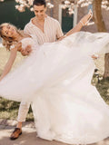 Chic A-line Spaghetti Straps Lace Cheap Rustic Wedding Dress Bridal Gowns HKL0128
