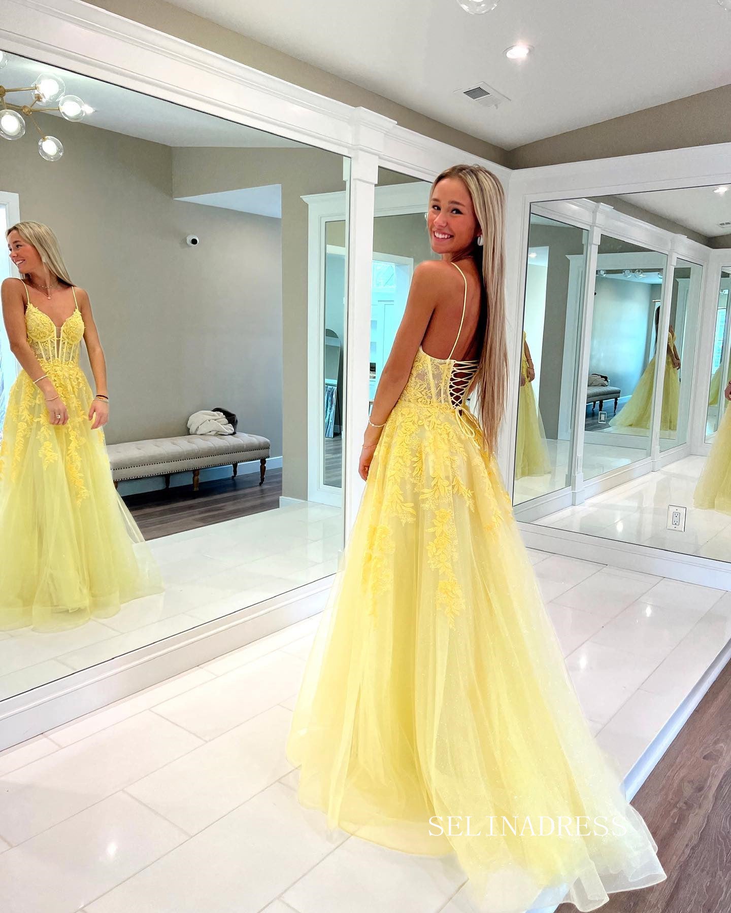 evening dresses yellow color V Neck Two Pieces Long Prom Dress, 2 Piece Yellow Formal Dress, Yellow Dress A2028 boo front leg slit. Yellow Evening Dresses Brighten Your