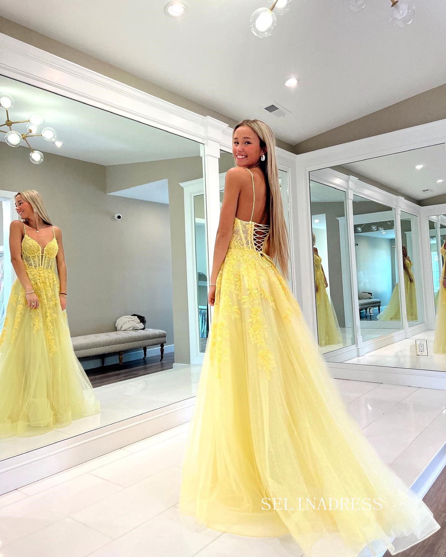 Chic A-line Spaghetti Straps Lace Long Prom Dress Yellow Elegant Eveni SELINADRESS Chic A-line Spaghetti Straps Lace Long Prom Dress Yellow Elegant Eveni SELINADRESS