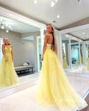 Chic A-line Spaghetti Straps Lace Long Prom Dress Yellow Elegant Evening Dresses #LOP805|Selinadress