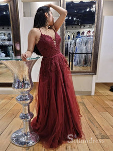Chic A-line Spaghetti Straps Lace Long Prom Dresses Burgundy Evening Gowns CBD586|Selinadress
