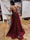 Chic A-line Spaghetti Straps Lace Long Prom Dresses Burgundy Evening Gowns CBD586|Selinadress