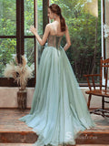 Chic A-line Spaghetti Straps Lace Long Prom Dresses Green Evening Gowns CBD221|Selinadress
