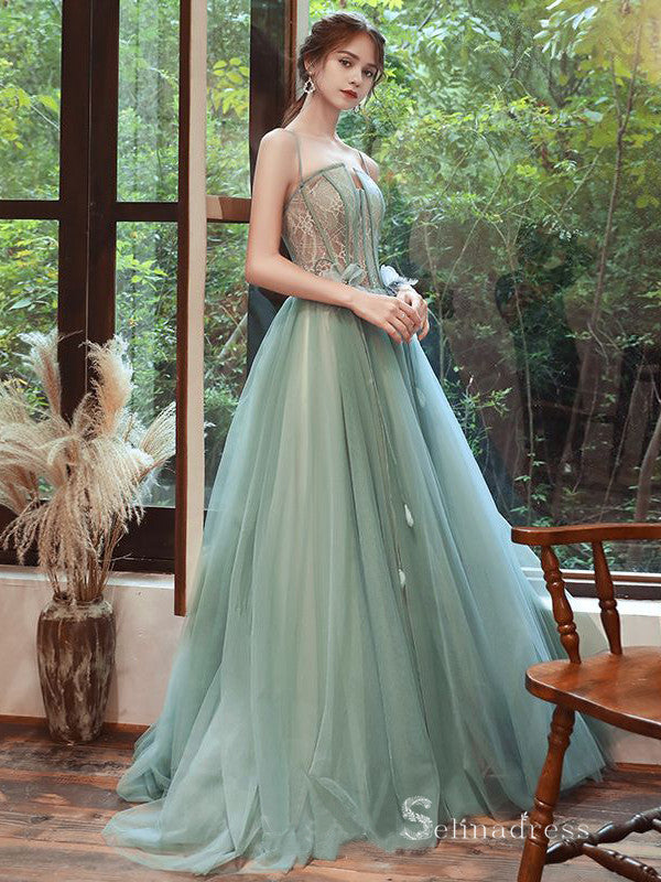 Chic A-line Spaghetti Straps Lace Long Prom Dresses Green Evening Gown SELINADRESS Chic A-line Spaghetti Straps Lace Long Prom Dresses Green Evening Gown SELINADRESS