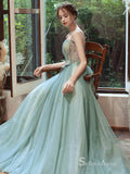 Chic A-line Spaghetti Straps Lace Long Prom Dresses Green Evening Gowns CBD221|Selinadress