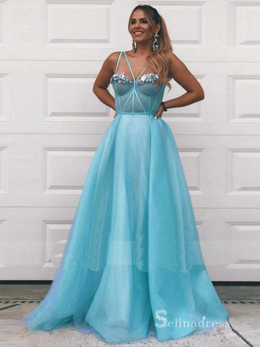 Chic A-line Spaghetti Straps Blue Long Prom Dresses Tulle Evening Gowns MHL2859|Selinadress
