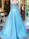 Chic A-line Spaghetti Straps Blue Long Prom Dresses Tulle Evening Gowns MHL2859|Selinadress
