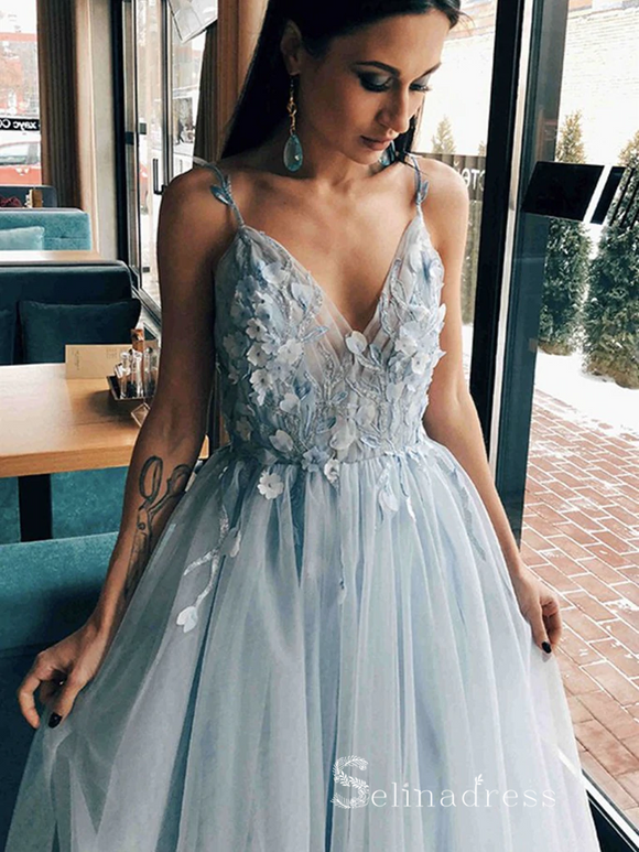Chic A-line Spaghetti Straps Light Sky Blue Long Prom Dresses Evening Dresses MLH1250|Selinadress