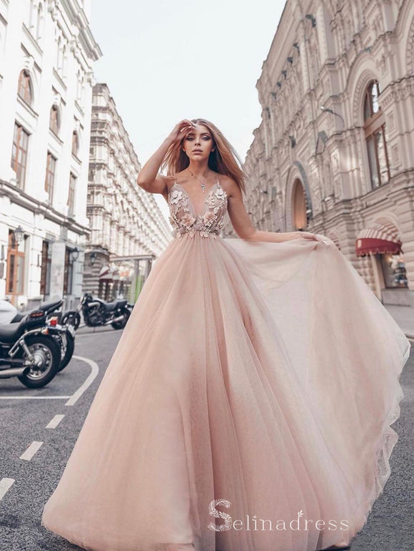 Chic A-line Spaghetti Straps Long Prom Dresses Aopplique Evening Dress CBD410