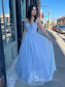 Chic A-line Spaghetti Straps Long Prom Dresses Blue Evening Dress CBD065