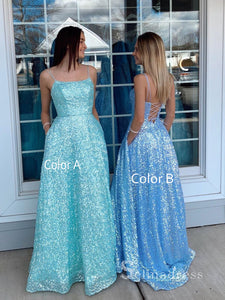 Chic A-line Spaghetti Straps Long Prom Dresses Blue Evening Dress CBD066