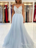 Chic A-line Spaghetti Straps Long Prom Dresses Light Sky Blue Blackless Evening Dress MLK023|Selinadress