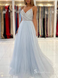 Chic A-line Spaghetti Straps Long Prom Dresses Light Sky Blue Blackless Evening Dress MLK023|Selinadress