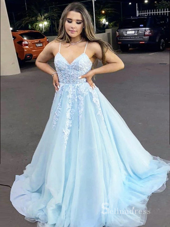 Chic A-line Spaghetti Straps Long Prom Dresses Light Sky Blue Lace Evening Gowns CBD577|Selinadress