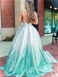 Chic A-line Spaghetti Straps Long Prom Dresses Ombre Sequins Evening Dress CBD067