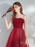 Chic A-line Spaghetti Straps Long Prom Dresses Red Graduaciones Dress CBD104