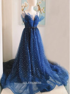 Chic A-line Spaghetti Straps Navy Blue Long Prom Dresses Cheap Prom Dresses Sparkly Evening Dress OSTY034|Selinadress