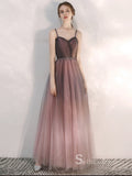 Chic A-line Spaghetti Straps Ombre Long Prom Dresses Tulle Evening Gowns CBD164