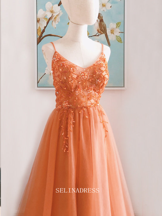 Chic A-line Spaghetti Straps Orange Long Prom Dresses Beaded Princess SELINADRESS Chic A-line Spaghetti Straps Orange Long Prom Dresses Beaded Princess SELINADRESS