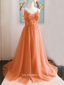 Chic A-line Spaghetti Straps Orange Long Prom Dresses Beaded Princess Dresses Long Formal Dress OSTY052|Selinadress