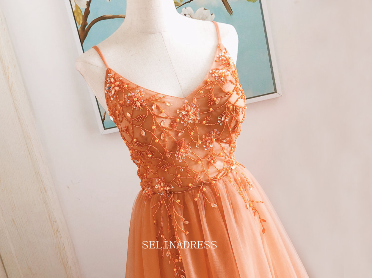 Chic A-line Spaghetti Straps Orange Long Prom Dresses Beaded Princess SELINADRESS Chic A-line Spaghetti Straps Orange Long Prom Dresses Beaded Princess SELINADRESS