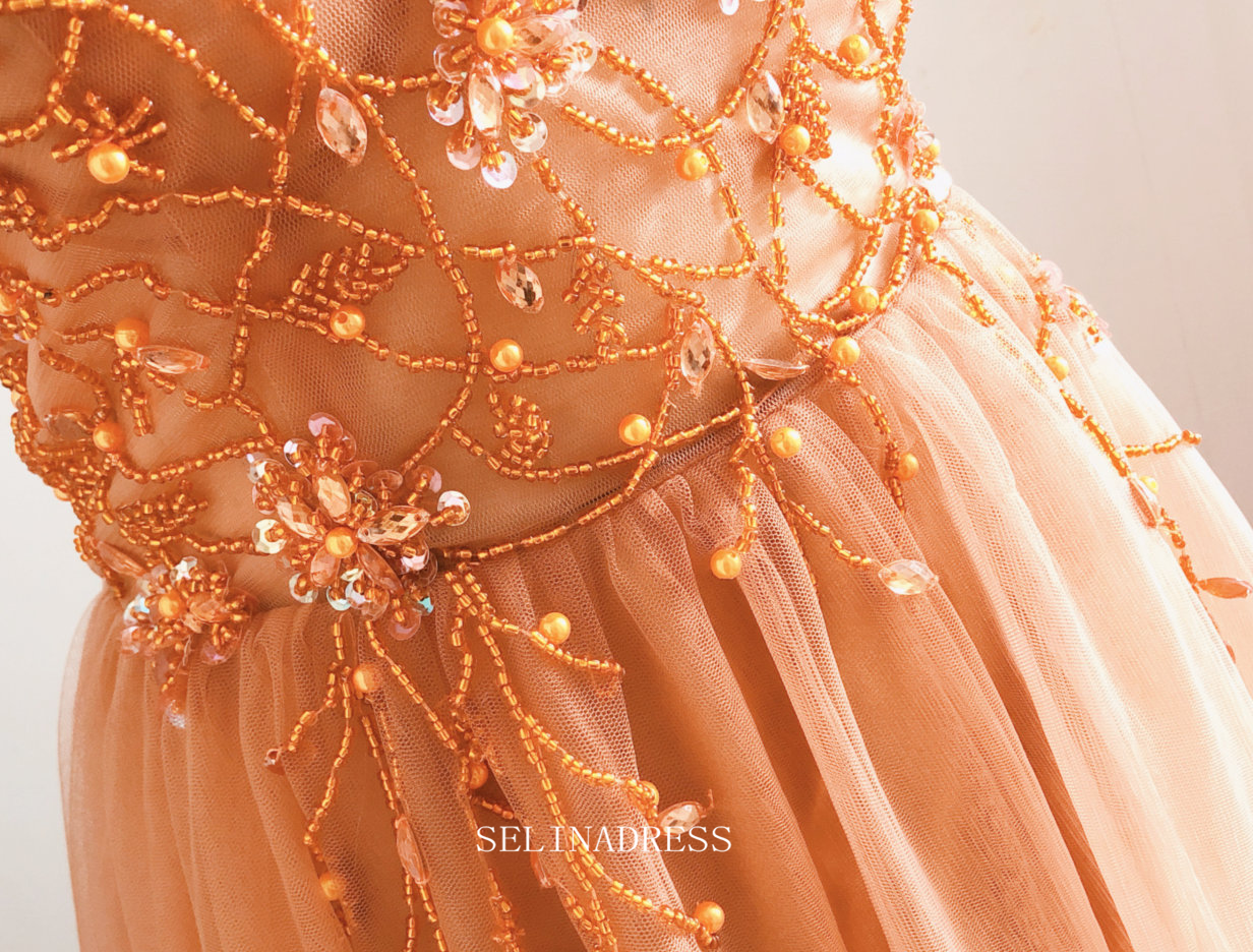 Chic A-line Spaghetti Straps Orange Long Prom Dresses Beaded Princess SELINADRESS Chic A-line Spaghetti Straps Orange Long Prom Dresses Beaded Princess SELINADRESS