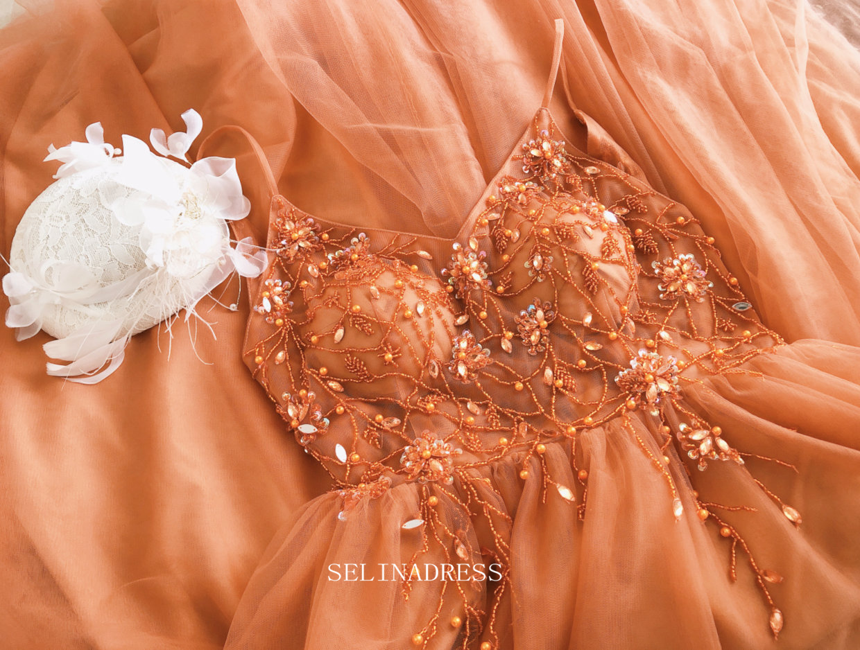Chic A-line Spaghetti Straps Orange Long Prom Dresses Beaded Princess SELINADRESS Chic A-line Spaghetti Straps Orange Long Prom Dresses Beaded Princess SELINADRESS