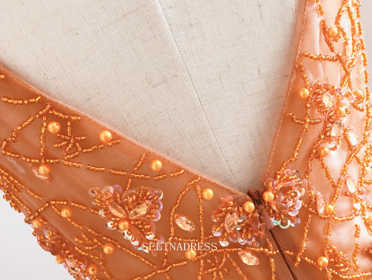 Chic A-line Spaghetti Straps Orange Long Prom Dresses Beaded Princess SELINADRESS Chic A-line Spaghetti Straps Orange Long Prom Dresses Beaded Princess SELINADRESS