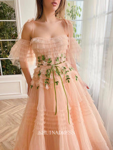 Chic A-line Spaghetti Straps Peach Layered Long Prom Dress Elegant Twilight Elegance Gown #LOP200|Selinadress