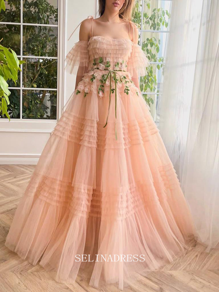 Chic A-line Spaghetti Straps Peach Layered Long Prom Dress Elegant Twi SELINADRESS Chic A-line Spaghetti Straps Peach Layered Long Prom Dress Elegant Twi SELINADRESS