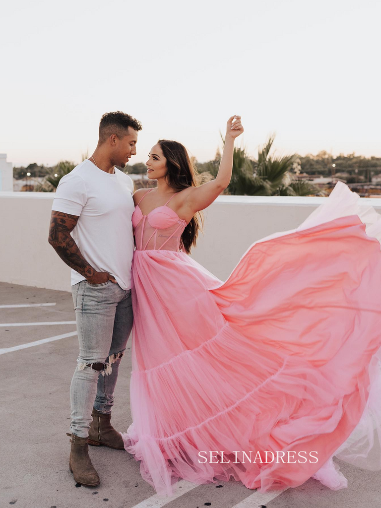 open lace back dress Chic A-line Spaghetti Straps Pink Long Prom Dress Photography Costumes –  SELINADRESS