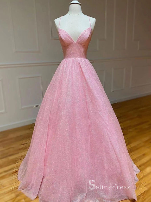 Chic A-line Spaghetti Straps Pink Long Prom Dresses Sparkly Evening Dress MLK032|Selinadress