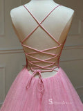 Chic A-line Spaghetti Straps Pink Long Prom Dresses Sparkly Evening Dress MLK032|Selinadress